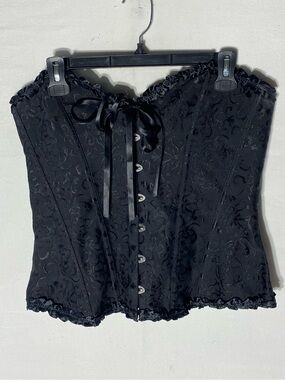 Black Brocade Floral Corset Top Ruffle Trim Busk Front Lace Up Plus Size 1X/2X